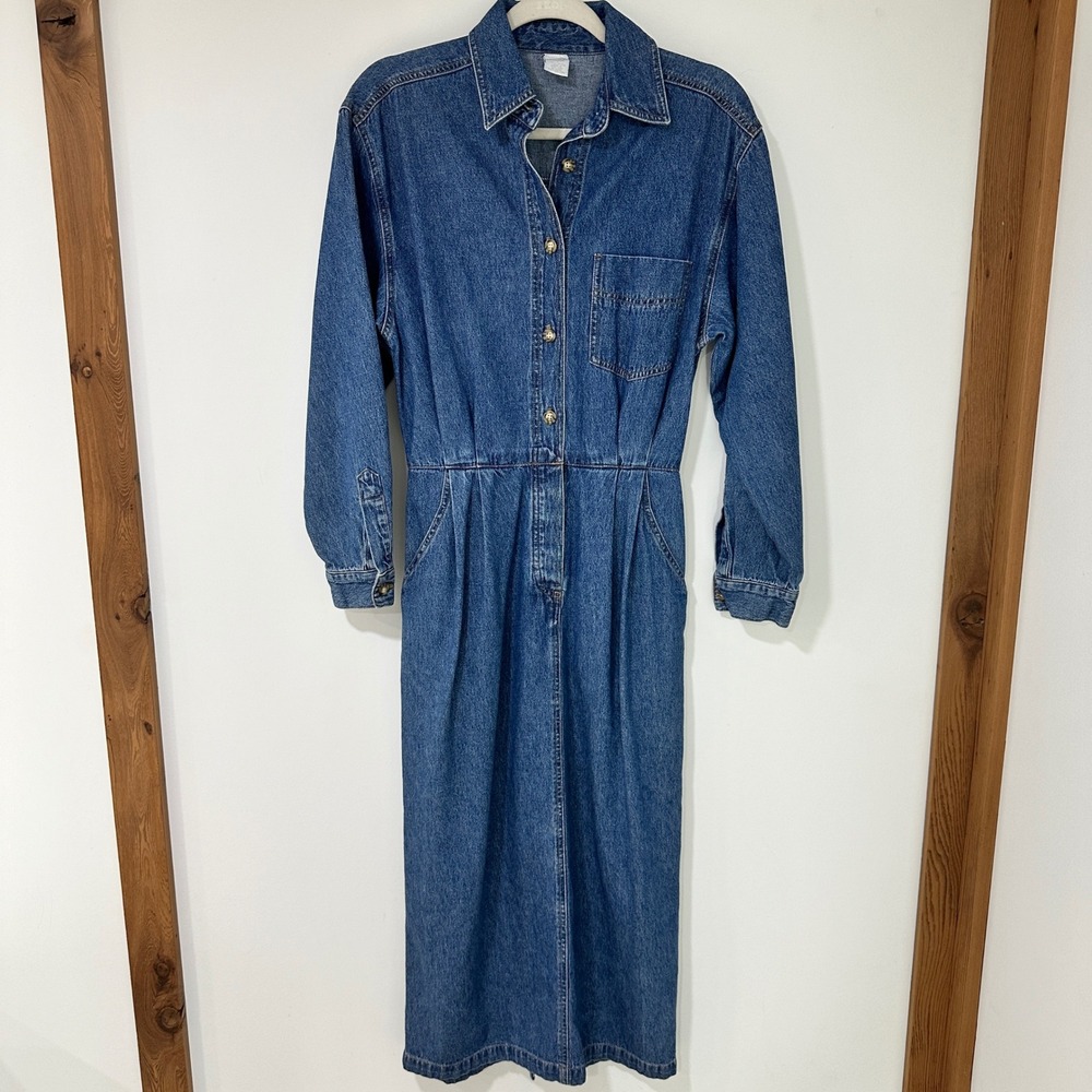 Lands' End Denim Maxi Dress Women 6 Blue Button Front Elastic Waist Cottagecore
